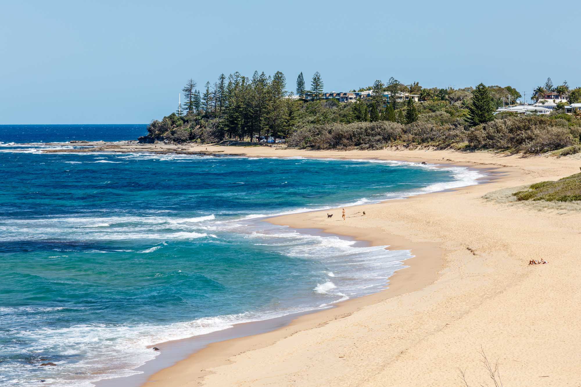 A pristine sandy beach on Australia's Sunshine Coast featuring turquoise waters, gentle waves, and a tree-lined headland with residential properties. The scenic coastal landscape showcases golden sand, clear blue sky, and lush vegetation typical of Queensland's popular beach destinations.