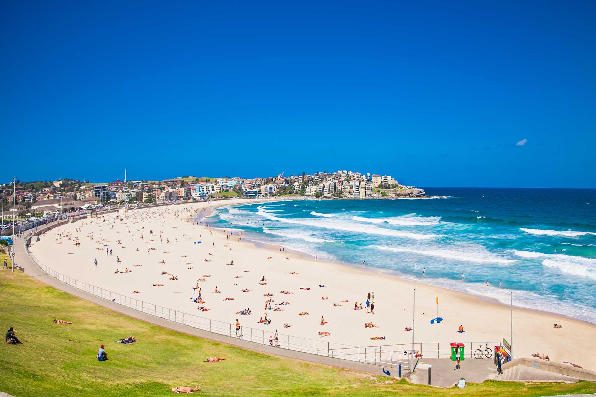 A vibrant aerial view of Bondi Beach in Sydney, Australia, showcasing the iconic golden sand crescent lined with colorful beachfront buildings, turquoise waves with surfers, and sunbathers scattered across the beach. The scenic coastal suburb rises behind the beach with multi-story apartments and homes, while a grassy park area in the foreground hosts picnickers under a brilliant blue sky.