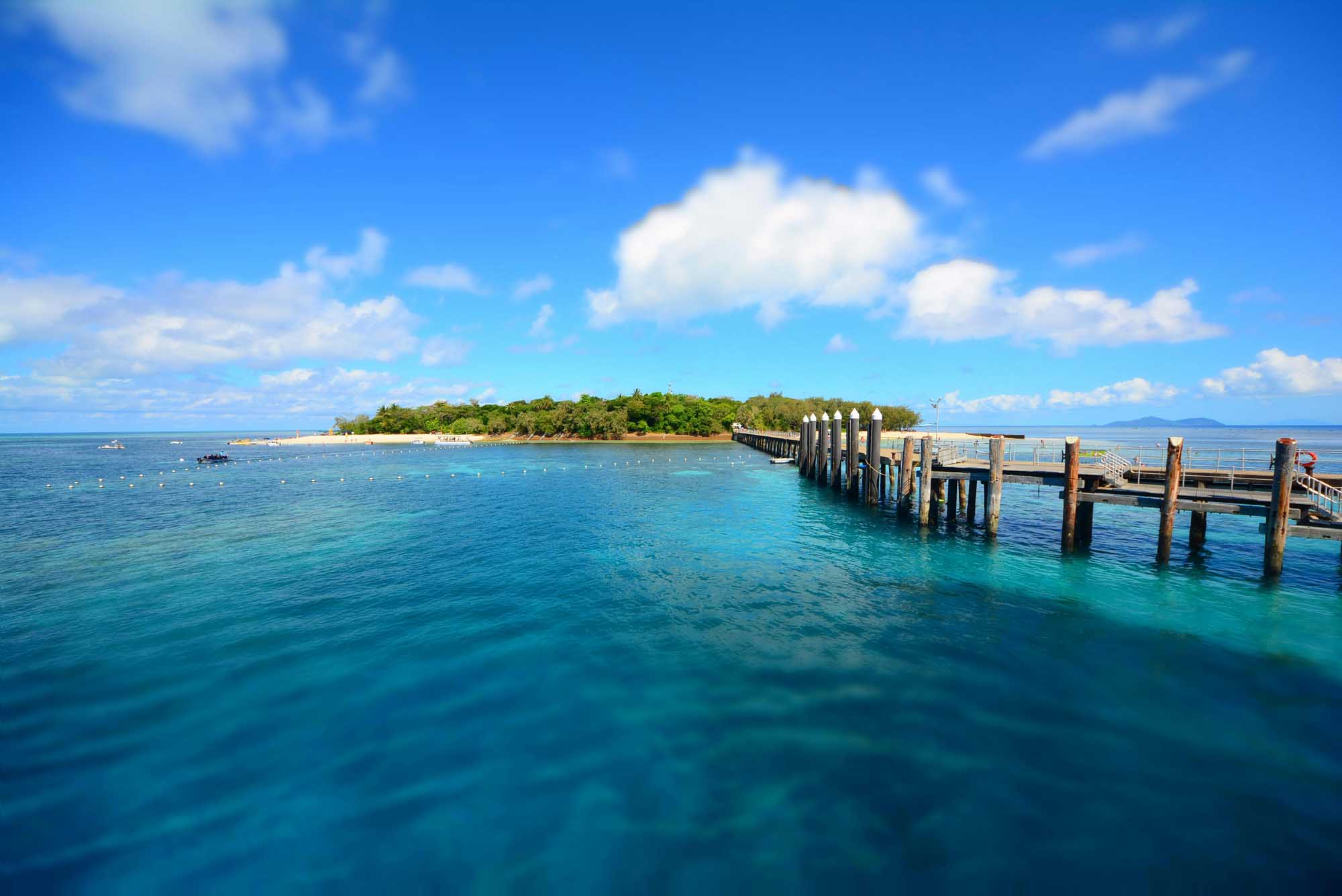 A picturesque wooden pier extends into crystal-clear turquoise waters toward a lush, forested island under a bright blue sky with white clouds. The scene captures a pristine tropical destination with moored boats and a sandy beach visible along the island's shoreline.