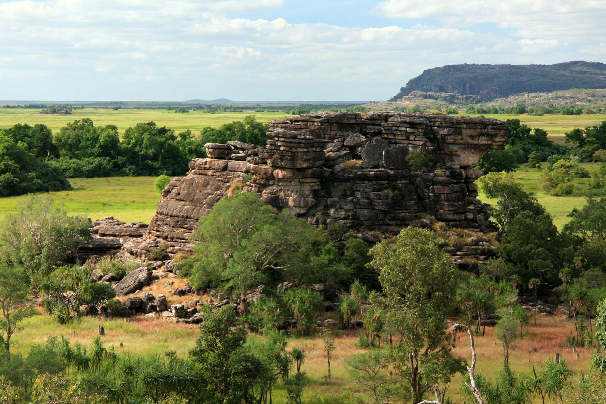 A panoramic view of Kakadu National Park in Australia's Northern Territory, featuring distinctive layered sandstone rock outcrops surrounded by lush green wetlands and eucalyptus woodlands, with vast floodplains extending to the horizon under a partly cloudy sky.