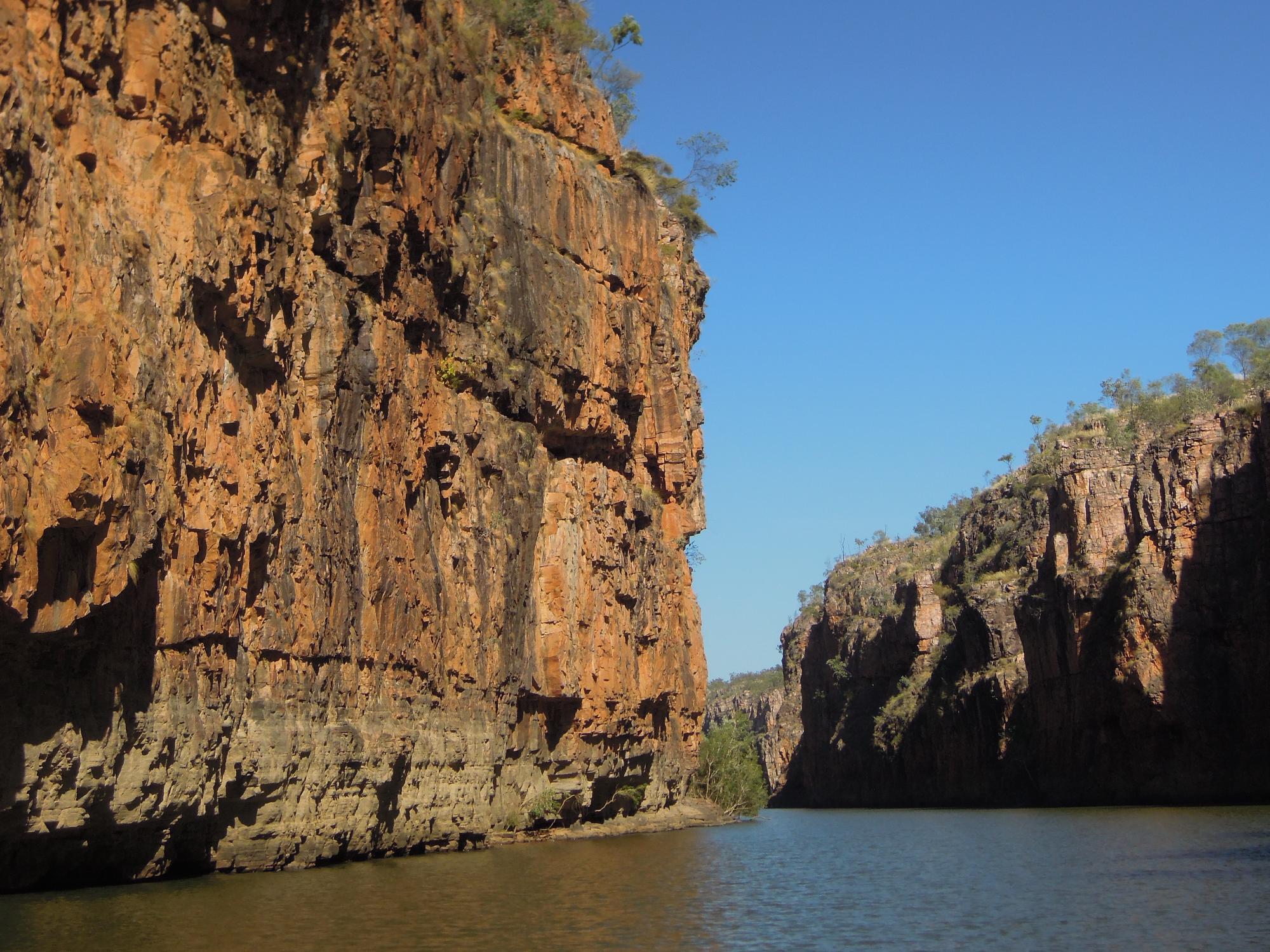 A stunning view of Nitmiluk National Park's Katherine Gorge featuring towering golden-red sandstone cliffs rising vertically from the pristine Katherine River. The narrow gorge showcases dramatic geological formations with sparse vegetation clinging to the rock face, photographed under clear blue skies.