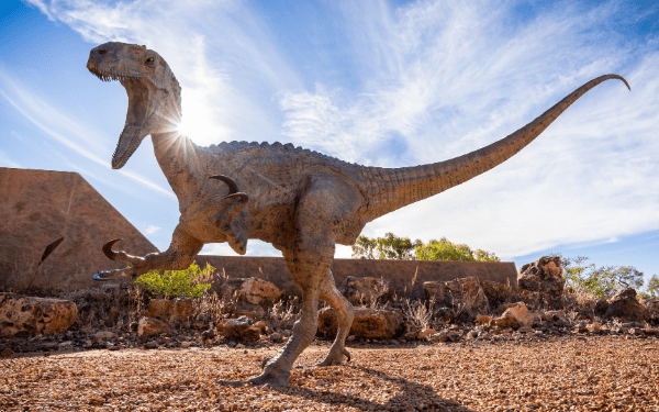 A large, weathered dinosaur statue stands prominently in an arid desert setting with rocky terrain and sparse vegetation. The sculpture appears to be a Velociraptor or similar theropod dinosaur, captured against a bright blue sky with wispy clouds, suggesting this is a roadside attraction or dinosaur park in a desert region.