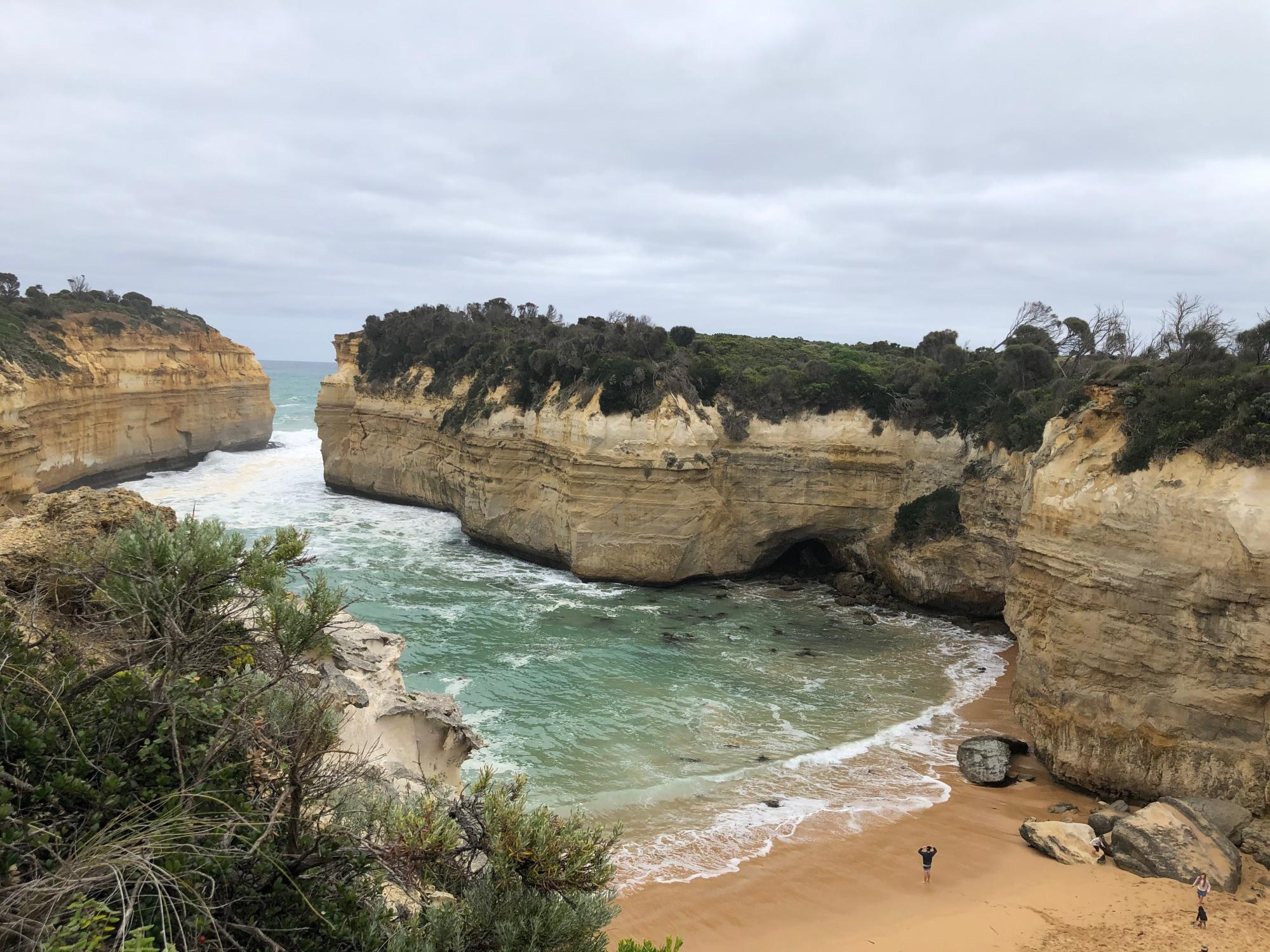 A dramatic coastal landscape featuring towering limestone cliffs with lush vegetation overlooking a pristine sandy beach and turquoise waters. The natural rock formations create a picturesque cove with crashing waves, characteristic of Australia's Great Ocean Road region.