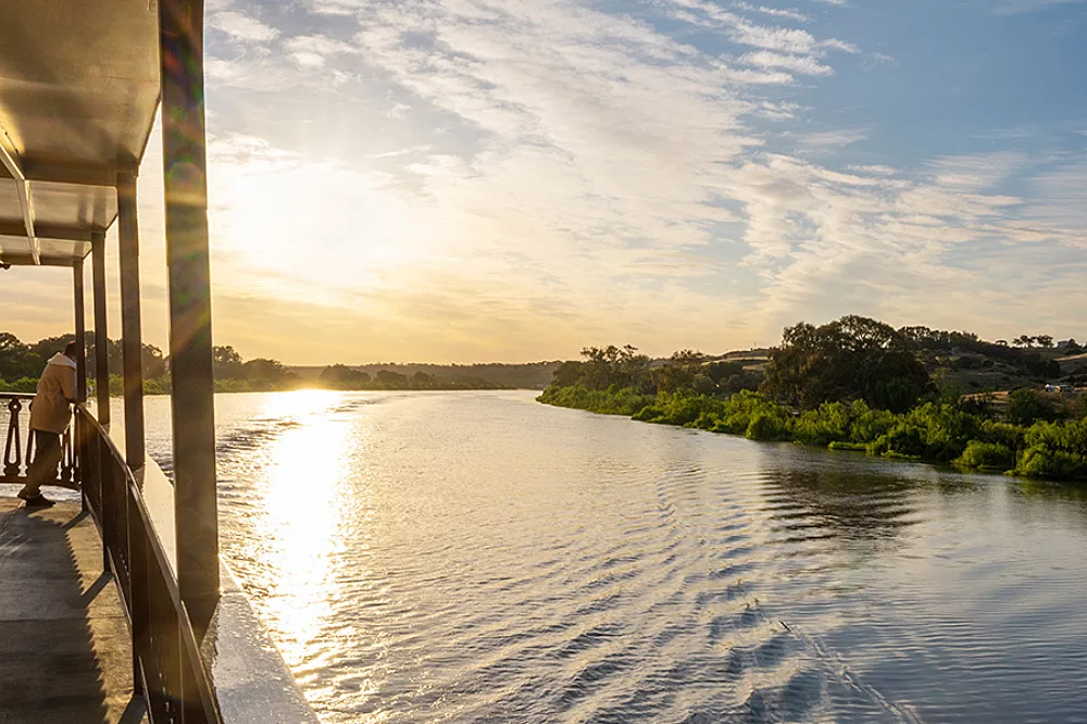 A serene riverside scene at golden hour showing the Murray River with lush green vegetation lining both banks, viewed from a covered deck or balcony of what appears to be a river cruise vessel. The golden sunlight reflects across the calm water, creating a peaceful atmosphere ideal for river cruise travel.