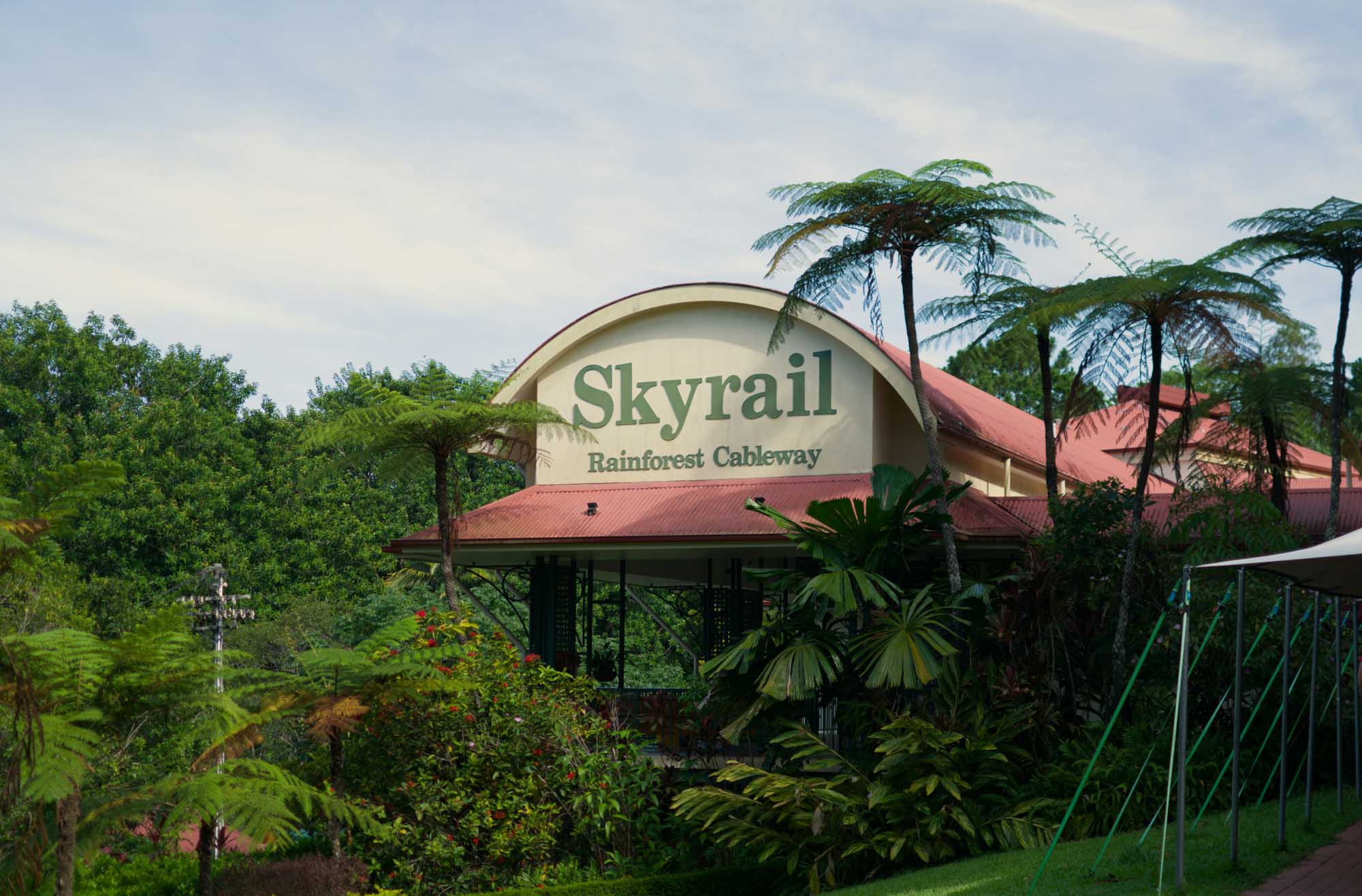 The distinctive station building of the Skyrail Rainforest Cableway, featuring its characteristic curved white roof with red trim, surrounded by lush tropical rainforest vegetation and tall palm trees in Cairns, Australia.