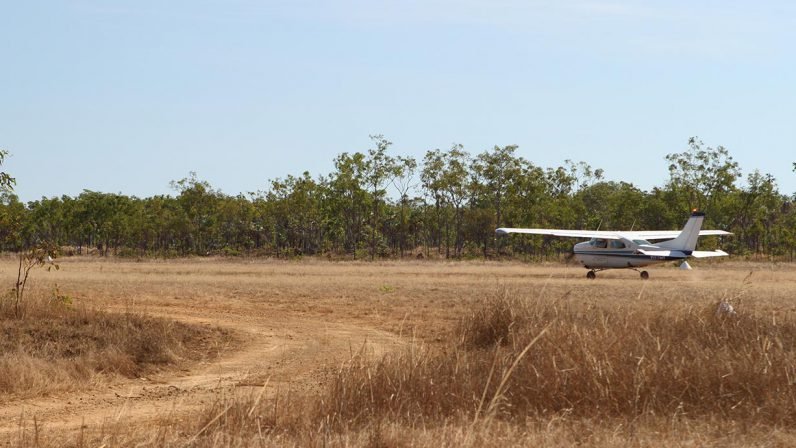 A single-engine aircraft is parked on a remote dirt airstrip in the Australian Kimberley region, surrounded by sparse, dry grassland and eucalyptus woodland. The scene captures the remote nature of outback aviation and exploration in this rugged Australian landscape.