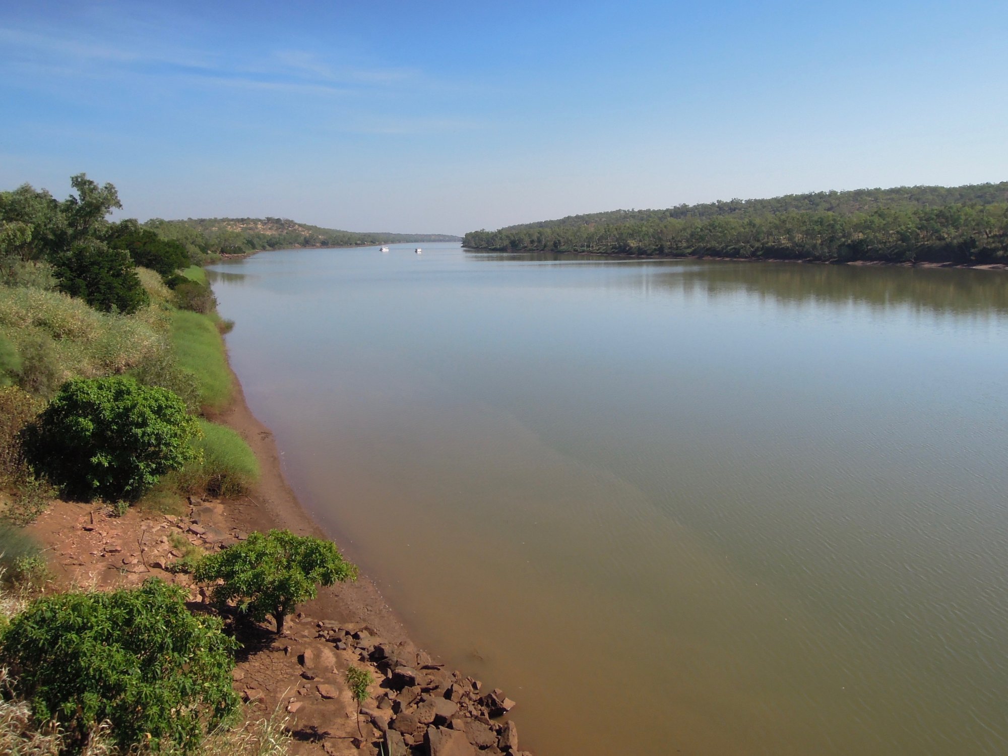 A serene view of the Victoria River in Australia's Northern Territory, featuring calm brown waters flanked by lush green vegetation and eucalyptus trees lining both banks. The landscape showcases the natural beauty of the Top End with gentle hillsides and pristine wilderness characteristic of this remote river region.