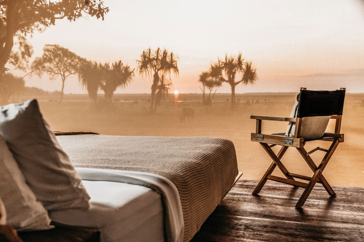 A view from a bed on a wooden platform looking out over a misty floodplain at sunrise, with pandanus trees and what appears to be an animal in the distance.