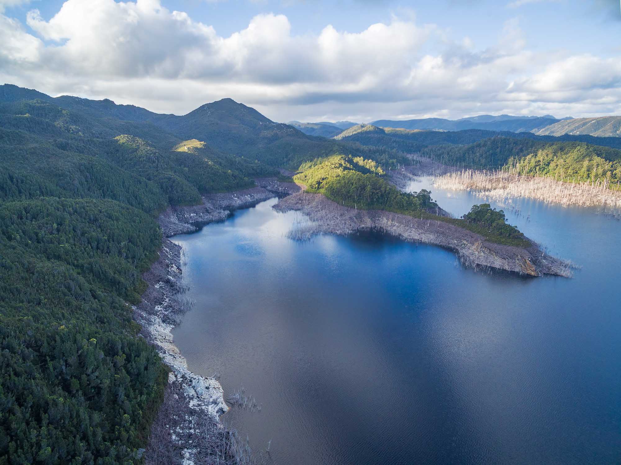 An aerial panorama of Lake Gordon in southwestern Tasmania, showcasing pristine blue waters surrounded by dense evergreen forests and rocky shorelines. The landscape features multiple forested peninsulas and islands, with mountainous terrain visible in the distance under a partly cloudy sky.