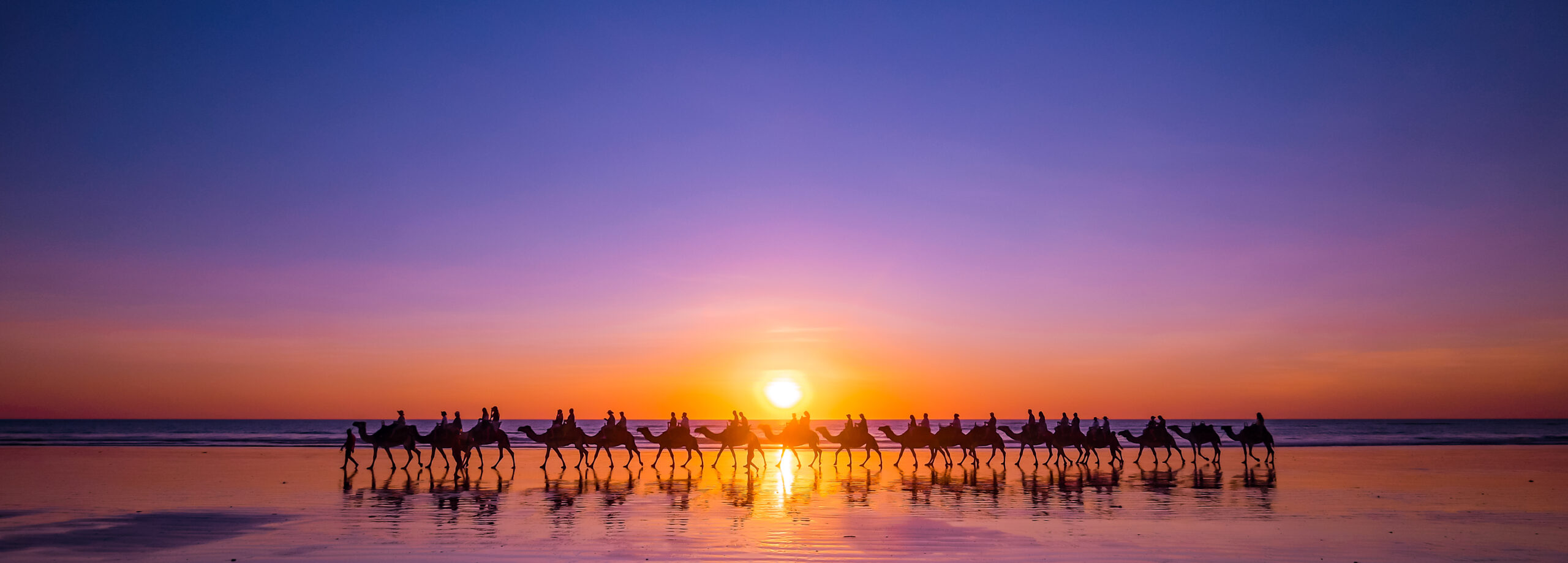 A silhouetted caravan of camels and handlers traversing a wet sandy beach during golden hour, with the sun reflecting off the water as it sets on the horizon. The scene captures a traditional mode of desert travel against a dramatic twilight sky gradient from purple to orange.