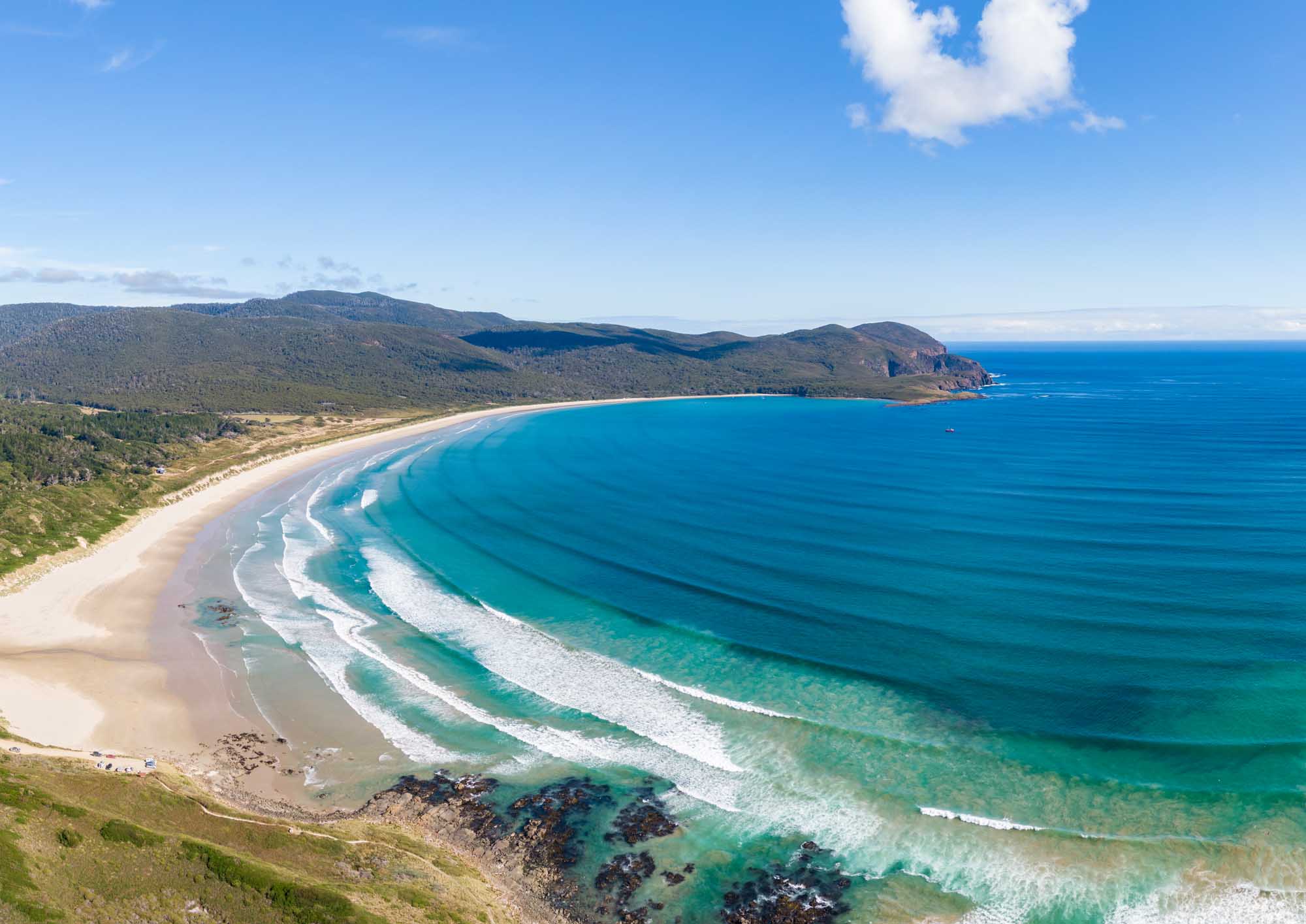 A stunning aerial drone view of Cloudy Bay Beach on South Bruny Island, Tasmania, showcasing pristine white sand, turquoise waters with rolling surf waves, and forested mountains backing the coastline under clear blue skies.