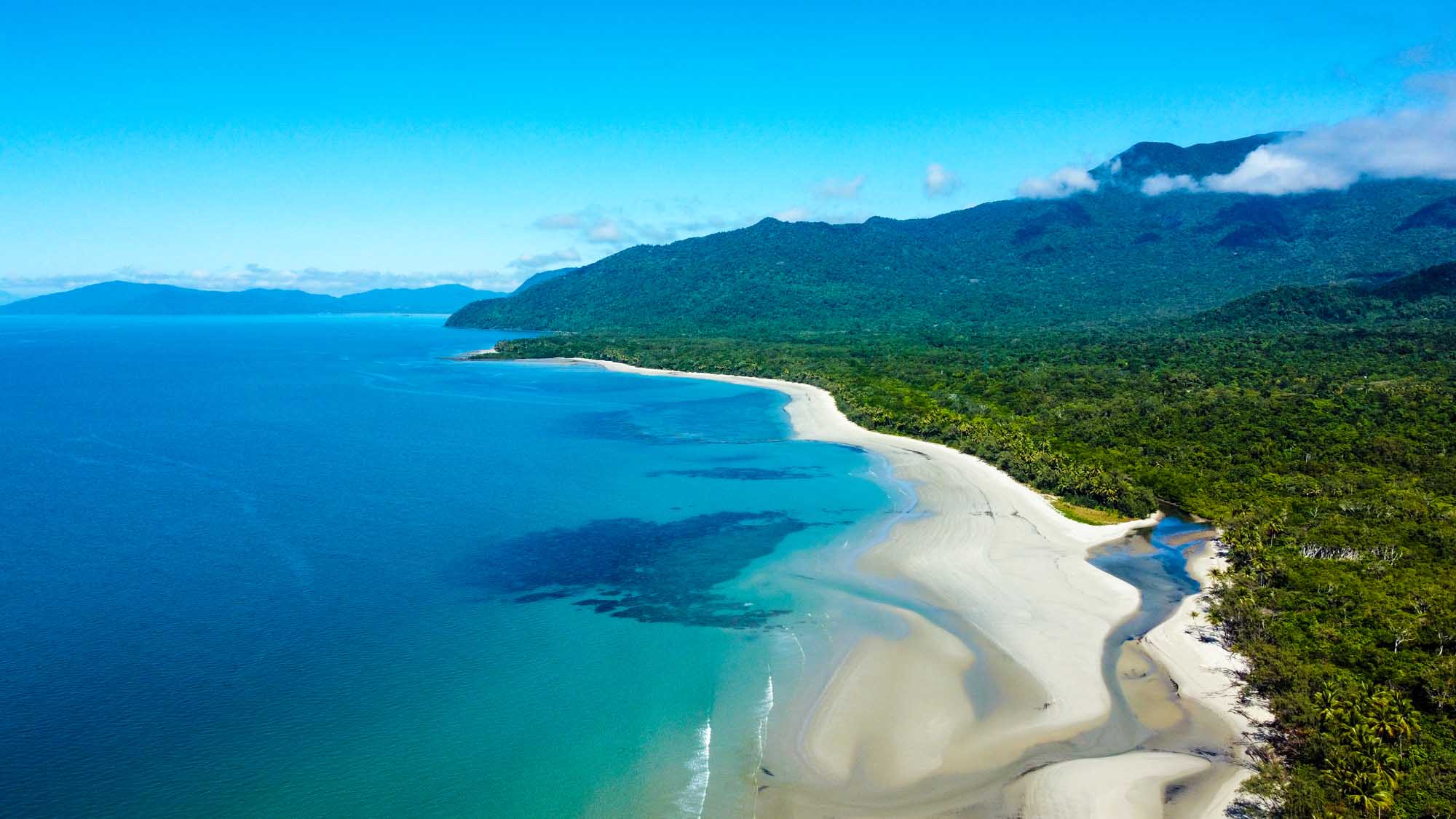 An aerial view of the pristine Cape Tribulation coastline where the lush Daintree Rainforest descends to a spectacular white sand beach and turquoise waters of the Great Barrier Reef. The dramatic contrast between dense tropical vegetation and crystalline blue ocean showcases one of Australia's most biodiverse and visually stunning natural wonders.