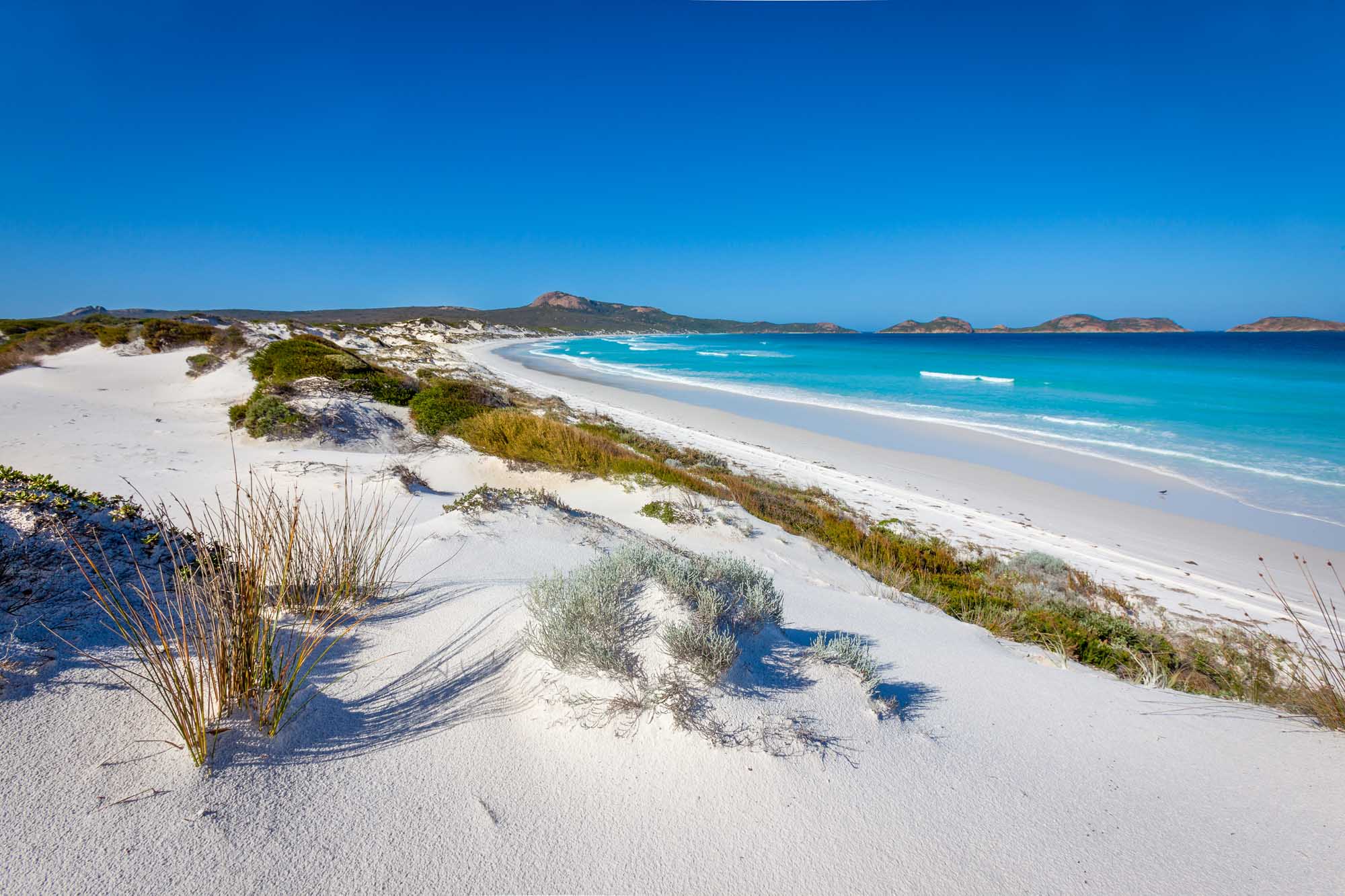 A stunning coastal landscape featuring pristine white sand dunes with native vegetation, a brilliant turquoise sea with gentle waves, and distant rocky islands under a clear blue sky. This scenic view showcases Esperance Beach, renowned as one of the world's most beautiful beaches.