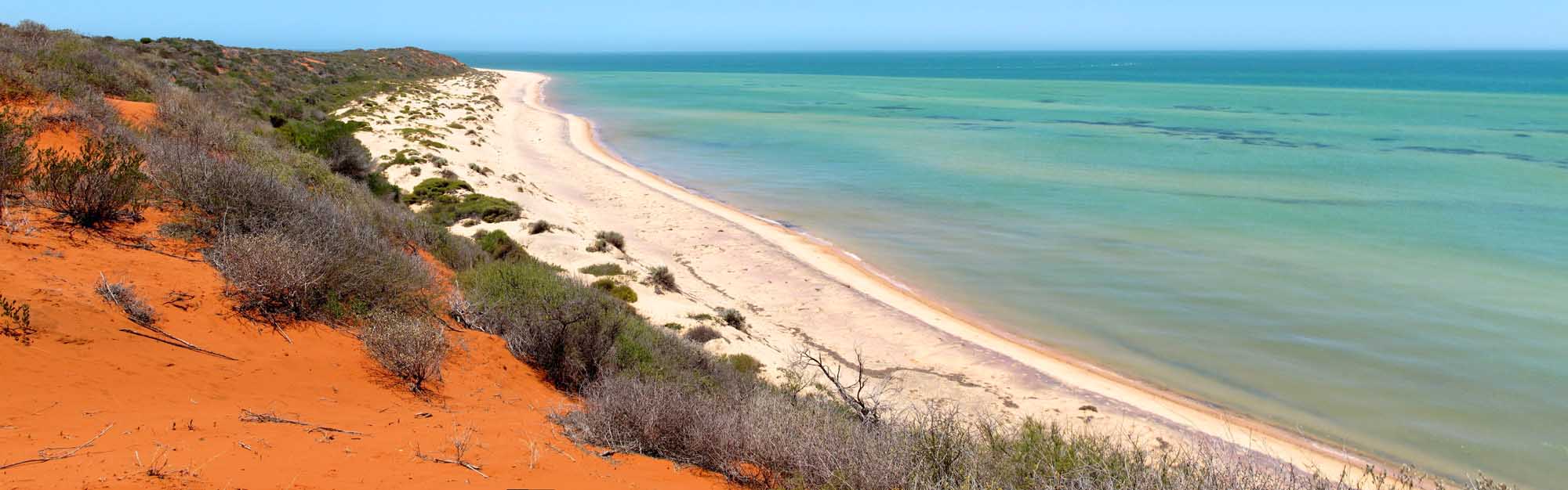 A stunning aerial view of a pristine white-sand beach backed by red ochre cliffs and sparse native