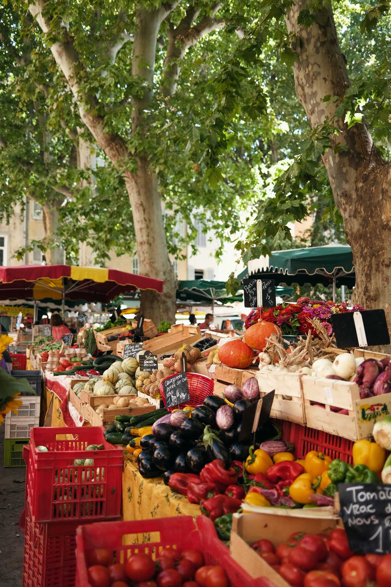 A vibrant outdoor market scene featuring abundant fresh vegetables and flowers arranged on wooden crates and red plastic baskets beneath tall plane trees. The stall displays colorful produce including eggplants, peppers, squashes, and vibrant flowers, with market umbrellas and other vendors visible in the background, typical of a European farmers' market.