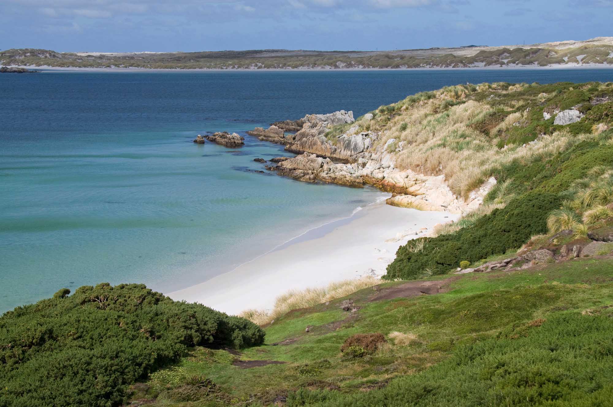 A pristine white sand beach nestled between dramatic rocky outcrops and lush green coastal vegetation, with crystal-clear turquoise waters overlooking Yorke Bay. The scenic cove features rolling grasslands, exposed granite rock formations, and a distant shoreline under clear blue skies.