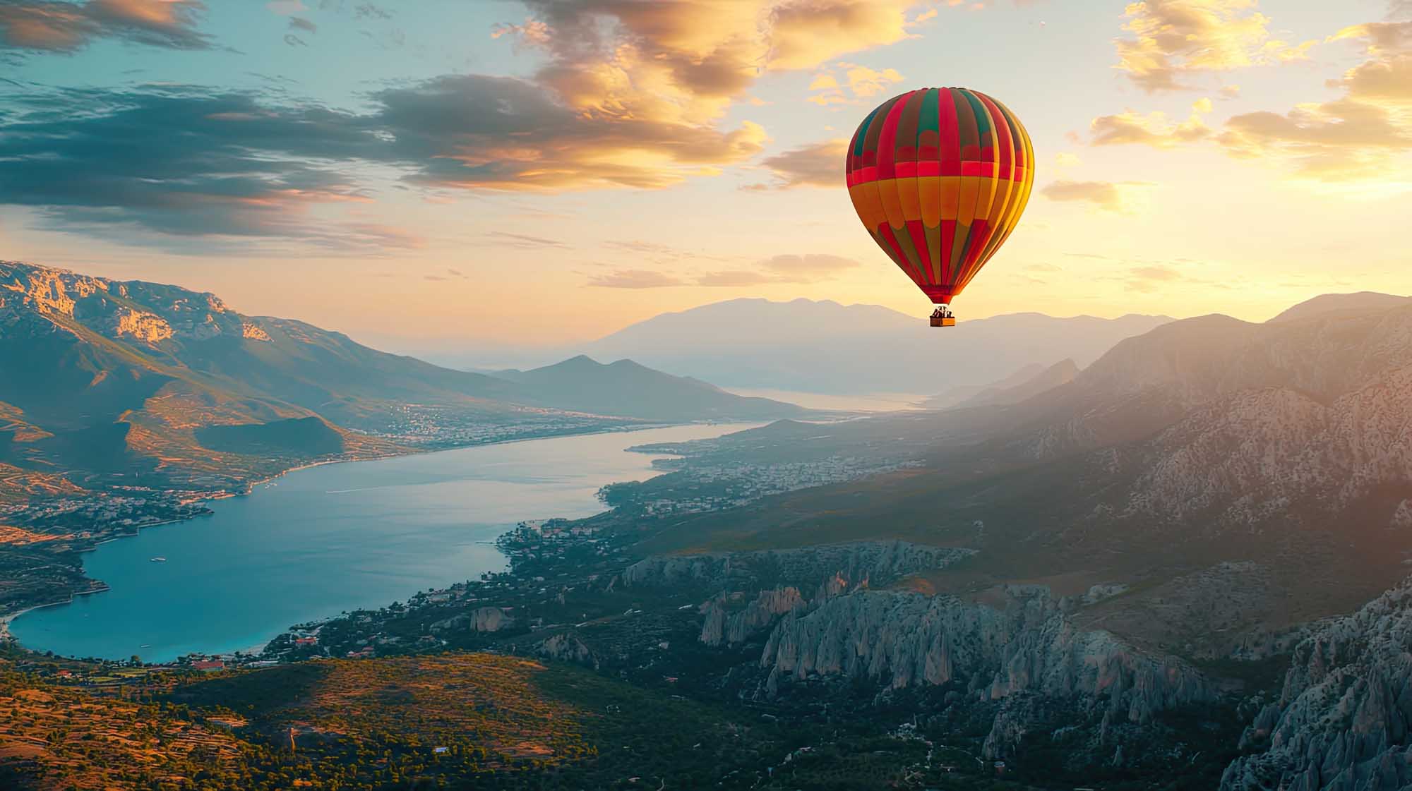 A colorful red, yellow, and green hot air balloon floats gracefully above a stunning alpine landscape featuring a turquoise lake nestled between dramatic mountain peaks during golden hour. The scenic vista captures snow-capped peaks, forested valleys, and small settlements scattered along the shoreline, creating a breathtaking adventure travel scene.
