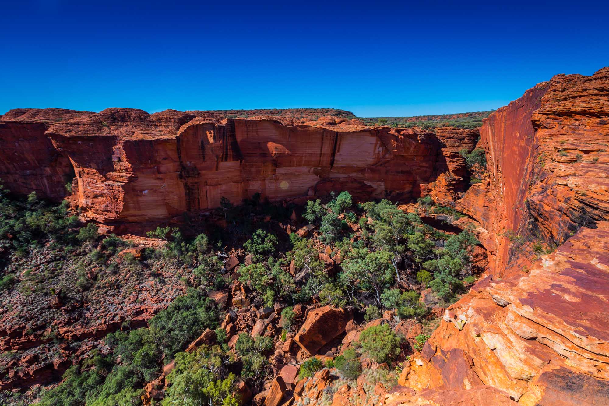 A dramatic aerial view of Kings Canyon's distinctive red sandstone cliffs and layered rock formations in Australia's Northern Territory, with sparse desert vegetation clinging to the canyon floor beneath a clear blue sky.