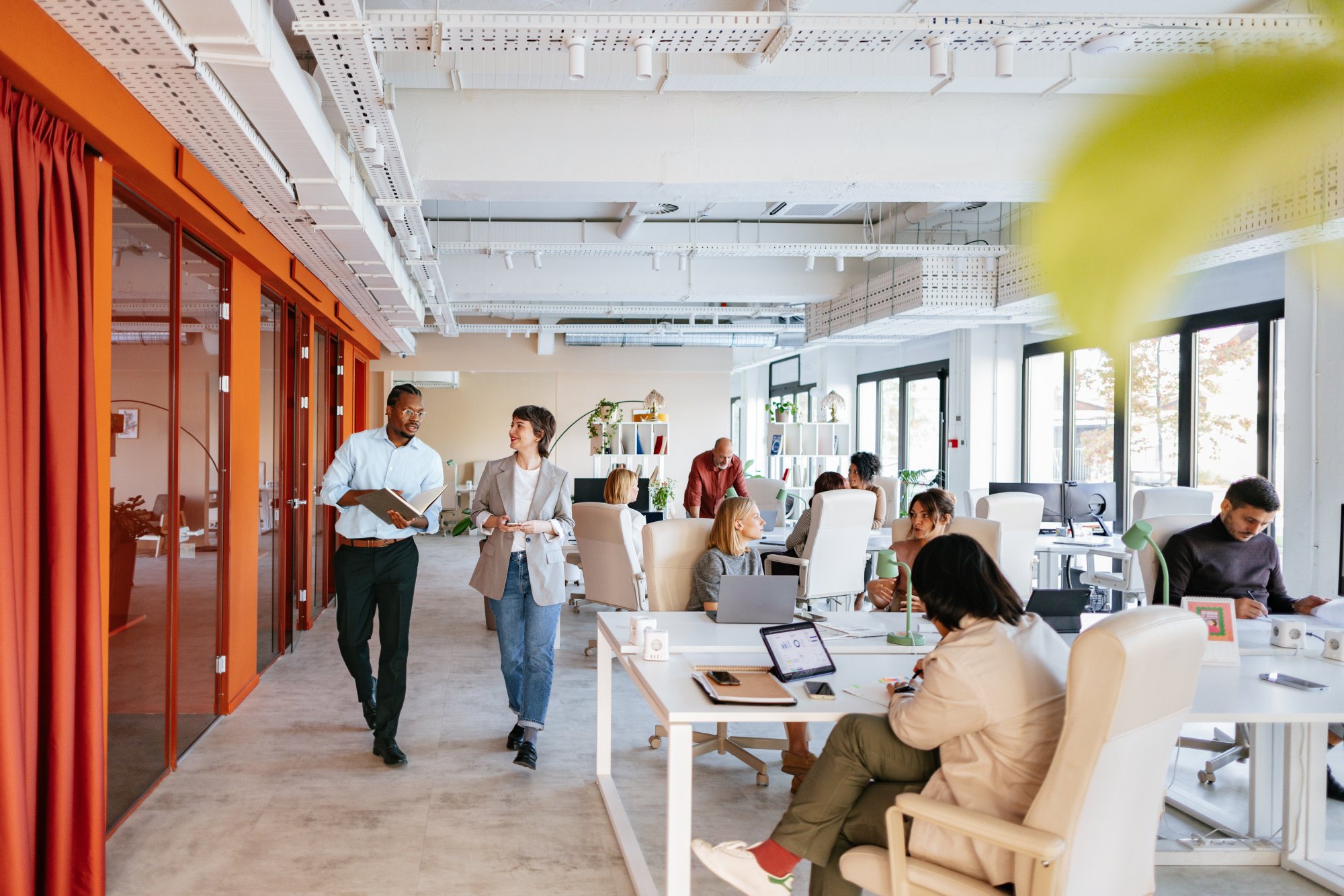 A bright, contemporary office interior featuring an open floor plan with multiple workstations