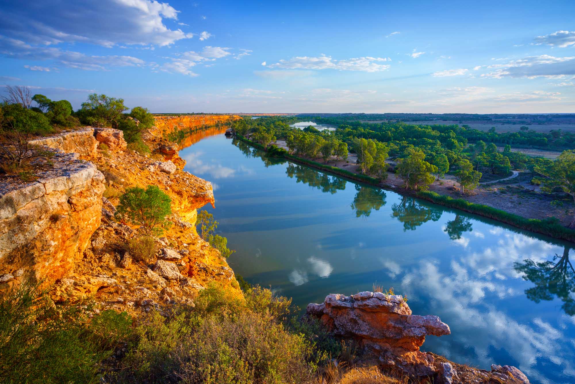 A stunning panoramic view of the Murray River in South Australia, featuring dramatic golden-orange limestone cliffs on the left side overlooking the calm, mirror-like river waters. Lush green vegetation lines both banks of the river as it meanders through the landscape, with a beautiful blue sky and white clouds reflected perfectly in the water.