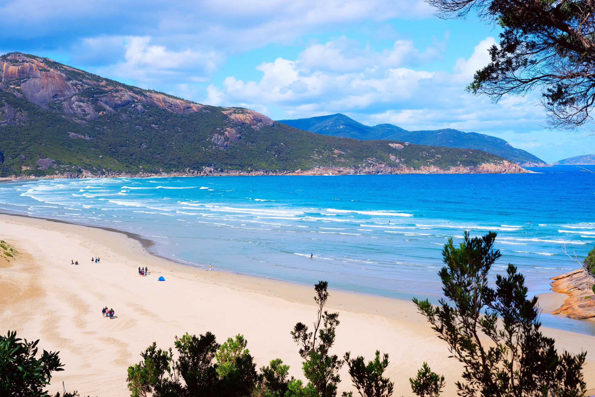 A pristine sandy beach with turquoise waters and rolling waves framed by dramatic green-forested headlands and rocky outcrops under a bright blue sky. The scenic coastal landscape showcases native Australian vegetation and demonstrates the natural beauty of this popular seaside destination.