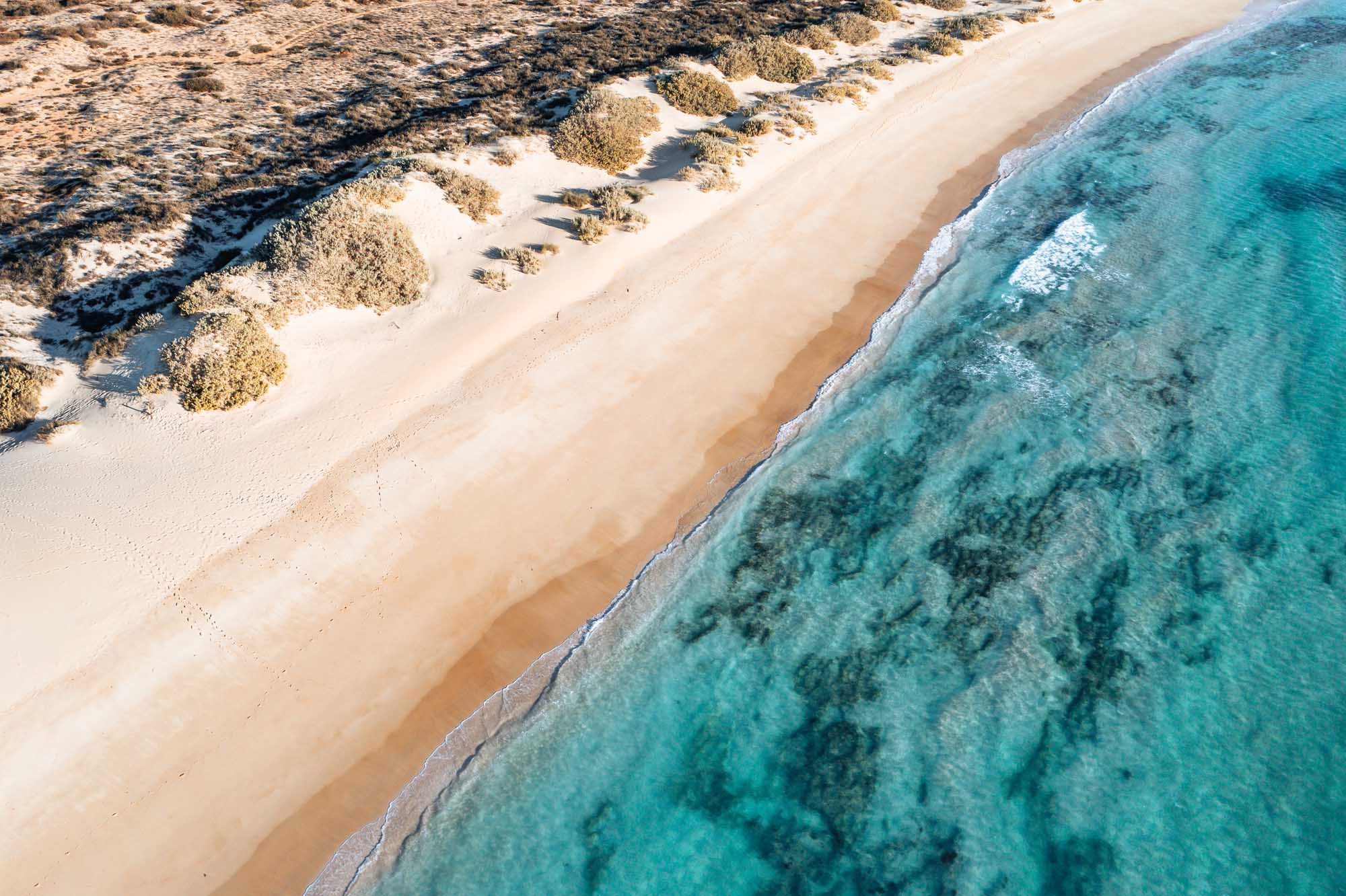 An aerial view of a stunning beach in northwestern Australia featuring pristine white sand, crystal-clear turquoise waters, and sparse coastal vegetation. The image showcases the dramatic contrast between the sandy shoreline and vibrant shallow waters, with gentle waves lapping against the pristine beach.