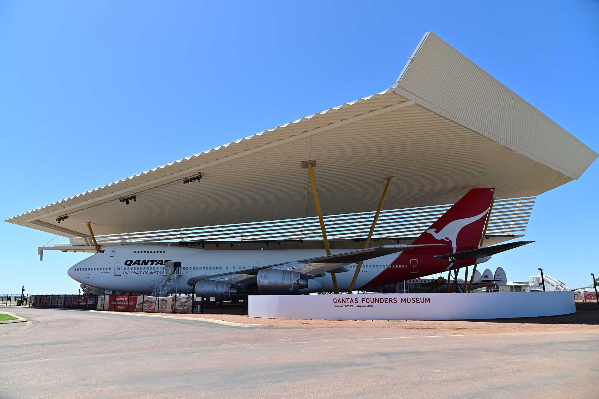 A restored Qantas Boeing 747 aircraft is housed beneath a striking modern architectural canopy at the Qantas Founders Museum in Longreach, Queensland. The museum celebrates the history of Australia's national airline from its origins in outback Queensland during the 1920s to the present day.