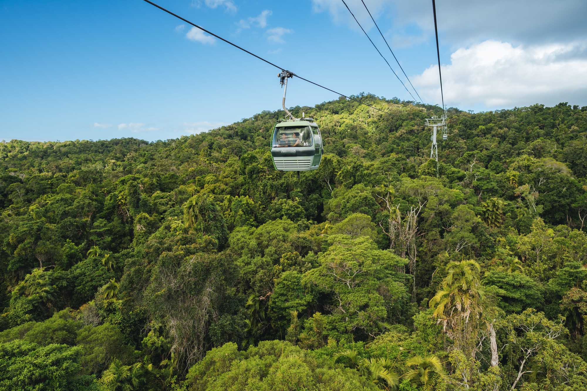 A cable car cabin suspended above the lush canopy of Queensland's Wet Tropics World Heritage Area, offering an elevated perspective of the dense tropical rainforest landscape near Cairns.