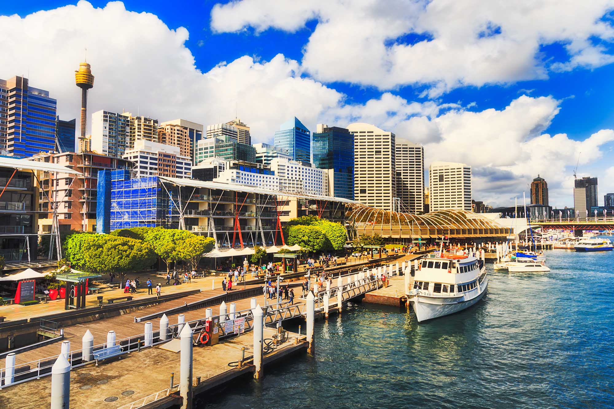 A vibrant daytime view of Sydney's Darling Harbour waterfront featuring Kings Wharf with docked passenger vessels, wooden piers, and a dynamic skyline of modern high-rise buildings under a bright blue sky with white clouds. The scene captures the bustling maritime activity and contemporary architecture that defines this popular Sydney destination.