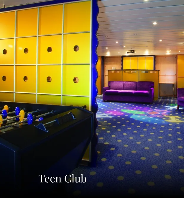 A vibrant teen club interior featuring a foosball table, colorful gradient yellow-to-green lockers
