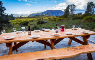 An outdoor wooden table set with soup, glasses of wine and water, looking out over a plateau of button-grass moorland toward a dramatic dolerite-capped mountain.