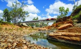 A serene outback creek landscape featuring a rustic wooden bridge spanning shallow waters