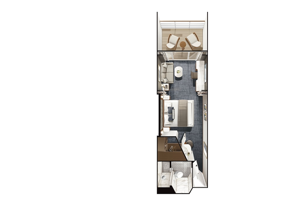 A detailed overhead floor plan view of a Regent Seven Seas Mariner Concierge Suite, showcasing