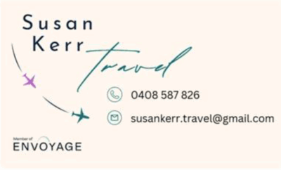 A professional travel agent contact card for Susan Kerr from Envoyage, featuring her name, phone