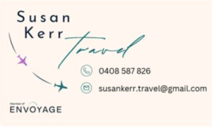 A professional travel agent contact card for Susan Kerr featuring her name, phone number (0408 587