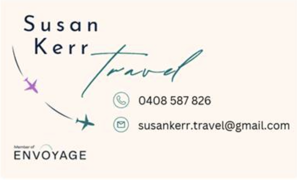 A professional business card or contact information graphic for Susan Kerr Travel, featuring