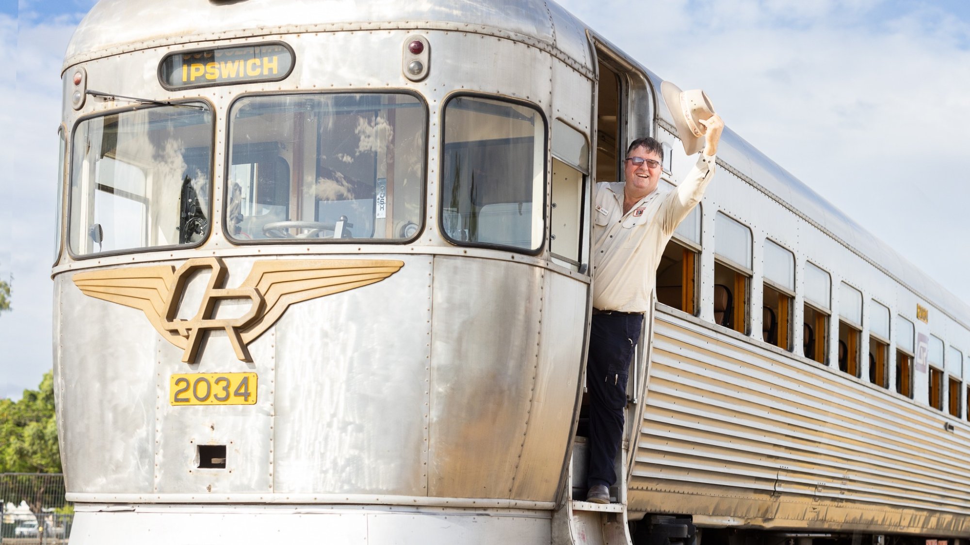 Vintage Ipswich Streamliner Train Car A well-preserved vintage streamliner passenger train car numbered 2034, featuring the distinctive