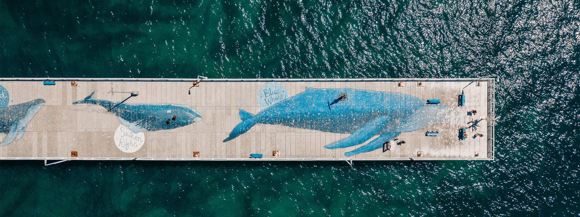 An overhead drone photograph of the historic Busselton Jetty extending into turquoise-green water