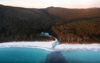 An aerial view of a pristine coastal landscape featuring a winding river meeting the turquoise
