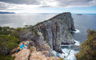 A hiker in a bright blue jacket stands on rocky terrain overlooking dramatic columnar basalt rock