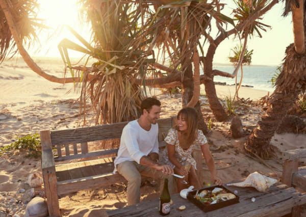 A couple sharing a picnic and a bottle of wine on a driftwood bench beneath pandanus palms on the beach at Berkeley River Lodge