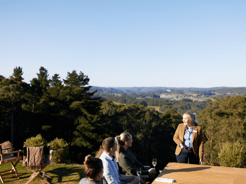 A group of professionals gathered around a wooden table on a hillside terrace overlooking
